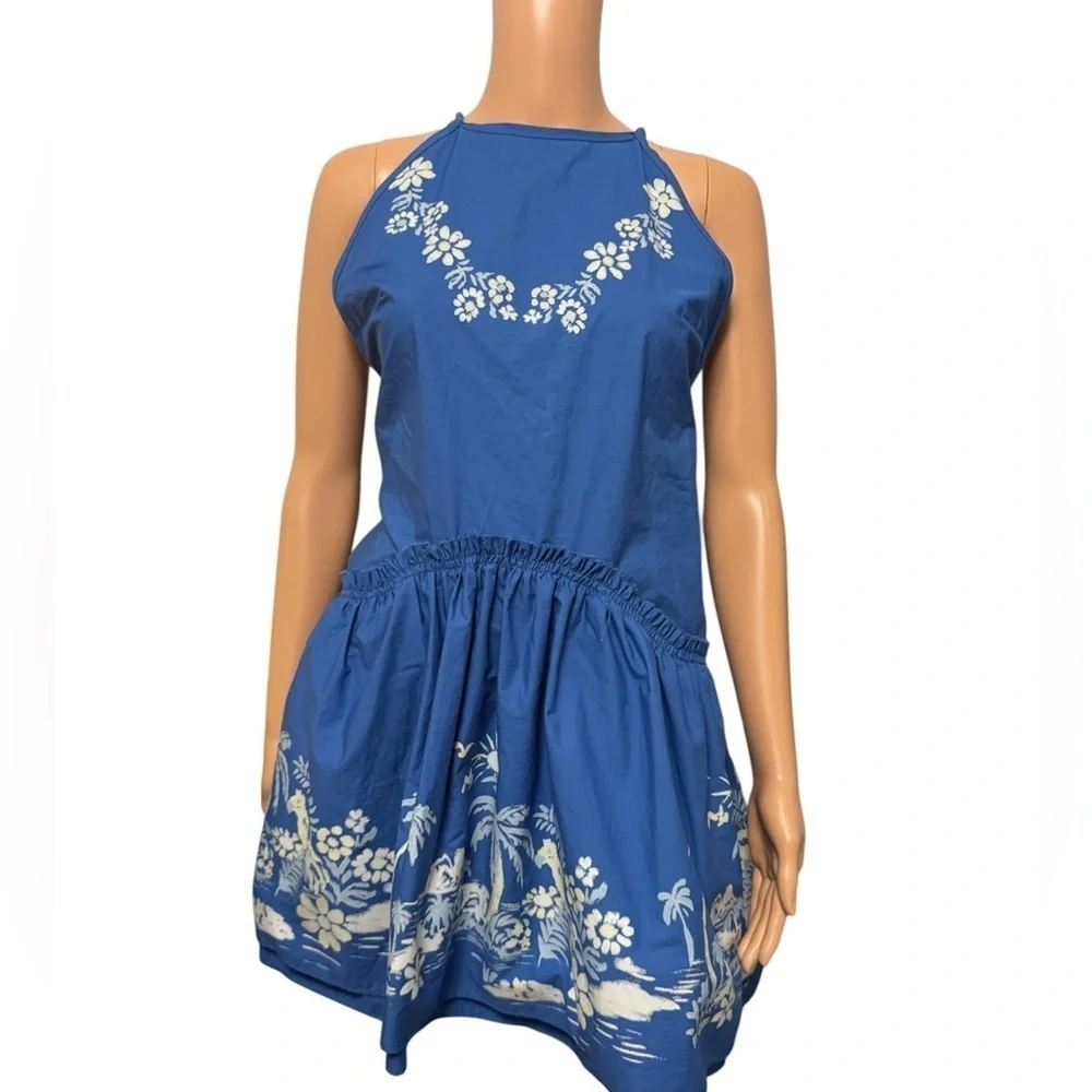 Free People Indigo Deserted Island Floral Neck Backless Mini Dress- Size Medium